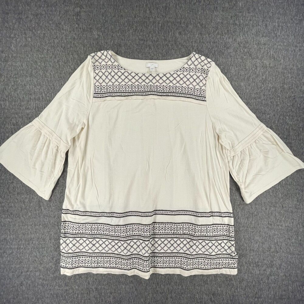 J Jill Size XL Cream Black Embroidered Cotton Knit Tunic Top Boho Minimalist - Picture 8 of 11